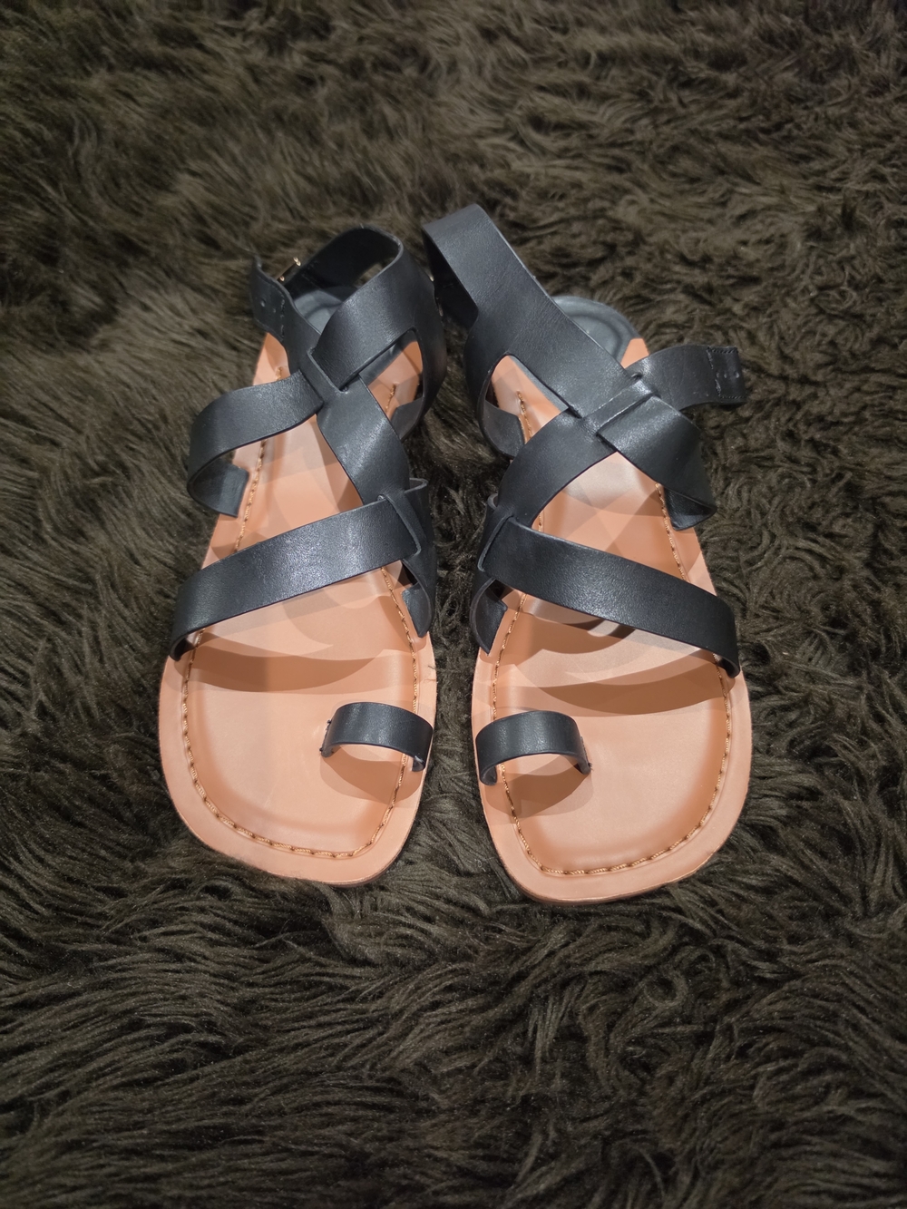 Franco Sarto Black Strappy Sandals with Tan Footbed